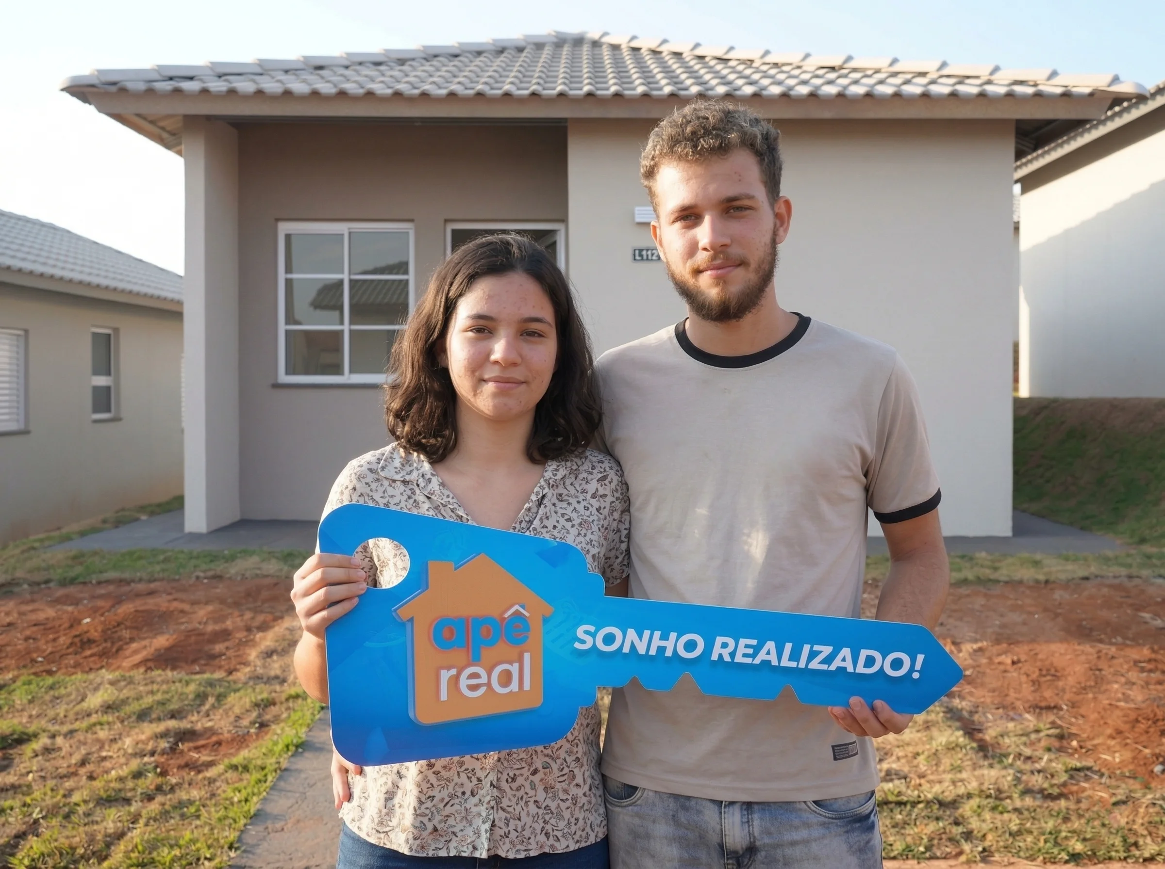Casal segurando a placa-chave Apê Real com a frase Sonho realizado, em frente à casa própria conquistada